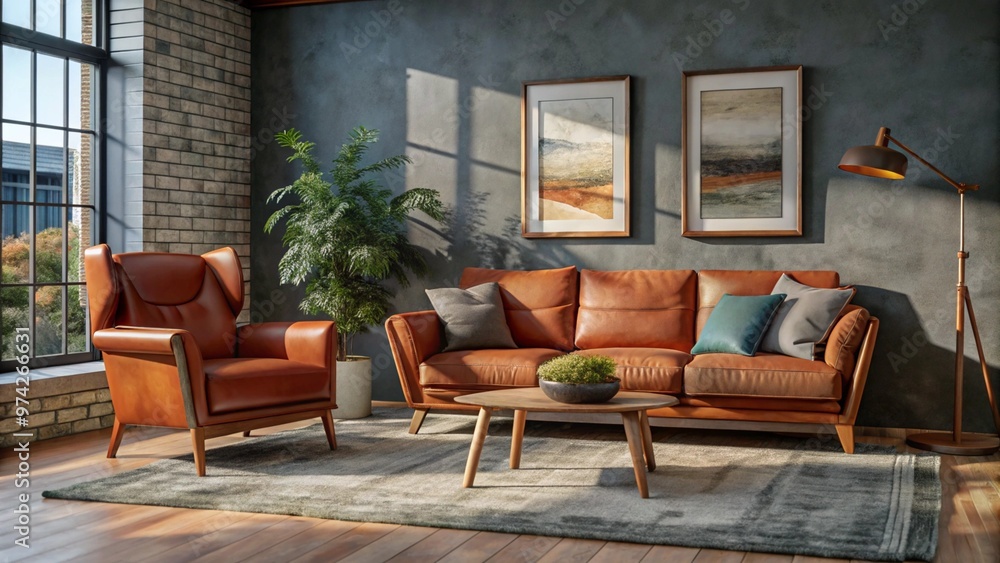 Terra cotta rustic armchair and sofa near wall with frame. Scandinavian interior design of modern living room.
Terra cotta rustic armchair and sofa near wall with frame. Scandinavian interior design of modern living room.