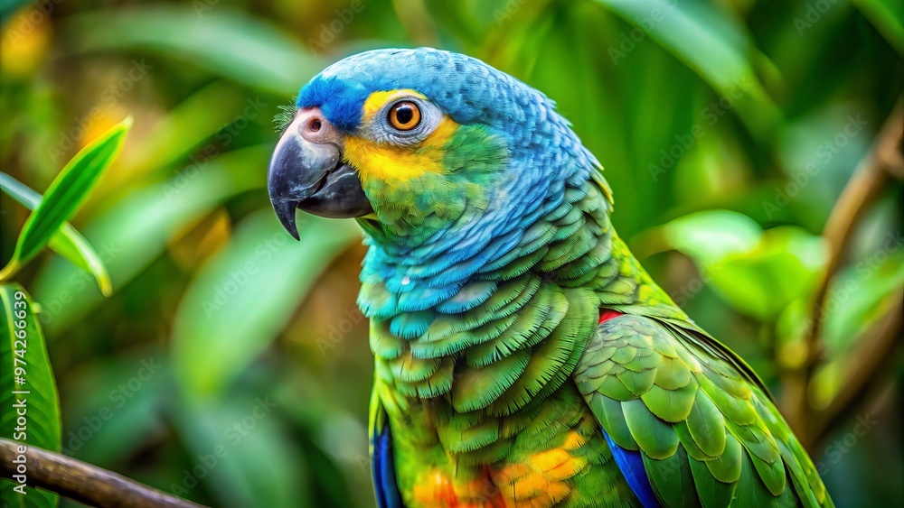 Obraz premium Vibrant blue-fronted Amazon parrot perches on a lush green branch, showcasing its bright blue forehead, vibrant green