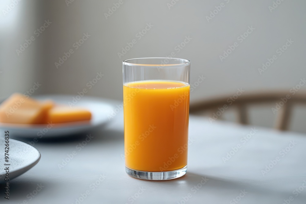 A glass of orange juice on a table with a plate of cheese in the background. A glass of orange juice on a table with a plate of cheese in the background.