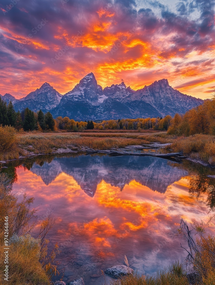 Majestic Mountain Range Reflected in Still Water at Sunset Majestic Mountain Range Reflected in Still Water at Sunset