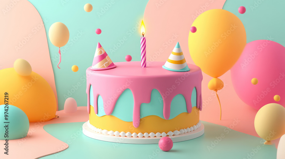 A smooth pastel-colored 3D cake with sleek icing, topped with a single candle and adorned with tiny 3D balloons and party hats for a festive, playful look. A smooth pastel-colored 3D cake with sleek icing, topped with a single candle and adorned with tiny 3D balloons and party hats for a festive, playful look.