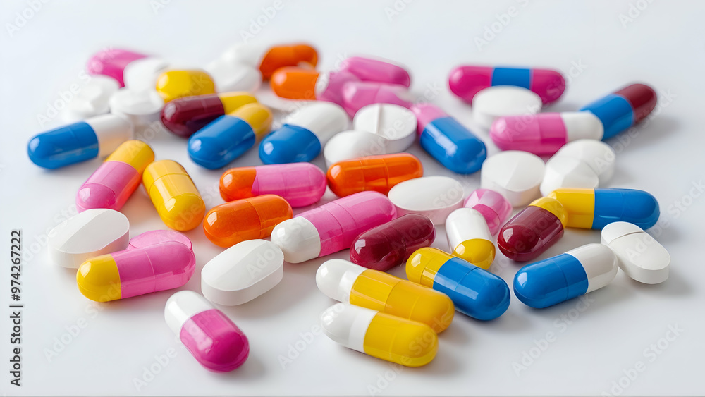 A close up of a colorful pile of loose medication on a white surface. The pills are various shapes and sizes and have bright colors A close up of a colorful pile of loose medication on a white surface. The pills are various shapes and sizes and have bright colors