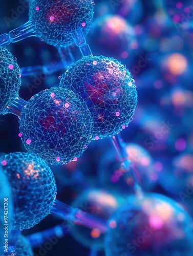 Holographic antibodies, digital cells, neonblue glow, futuristic immune system photo