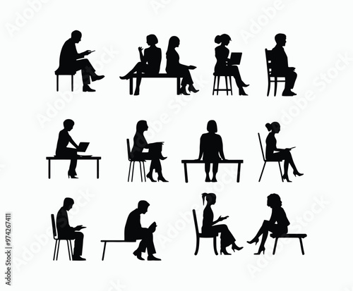 Business people sitting  men and women silhouette EPS vector art illustration template 