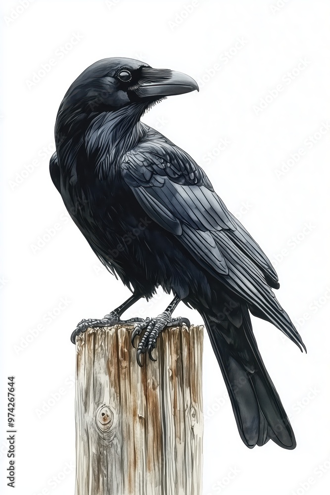 Fototapeta premium A black raven sitting on a wooden post, full body, in the style of a realistic watercolor drawing with a realism style, white background
