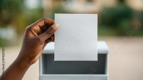 Close-up of a hand dropping a sealed ballot into a mailbox for mail-in voting, secure voting, election participation