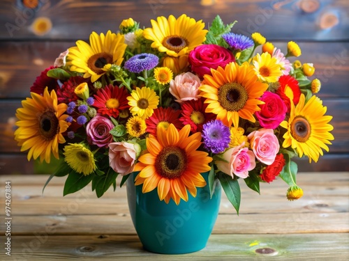 Wallpaper Mural Vibrant bouquet of mixed flowers, including sunflowers, daisies, and gerbera daisies, arranged in a colorful vase with Torontodigital.ca