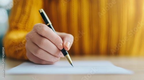 Hand lifting a pen to sign a voter registration form, registering to vote, pre-election action photo