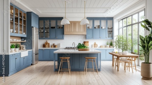 Modern kitchen with blue cabinets, white countertops, and a large window.