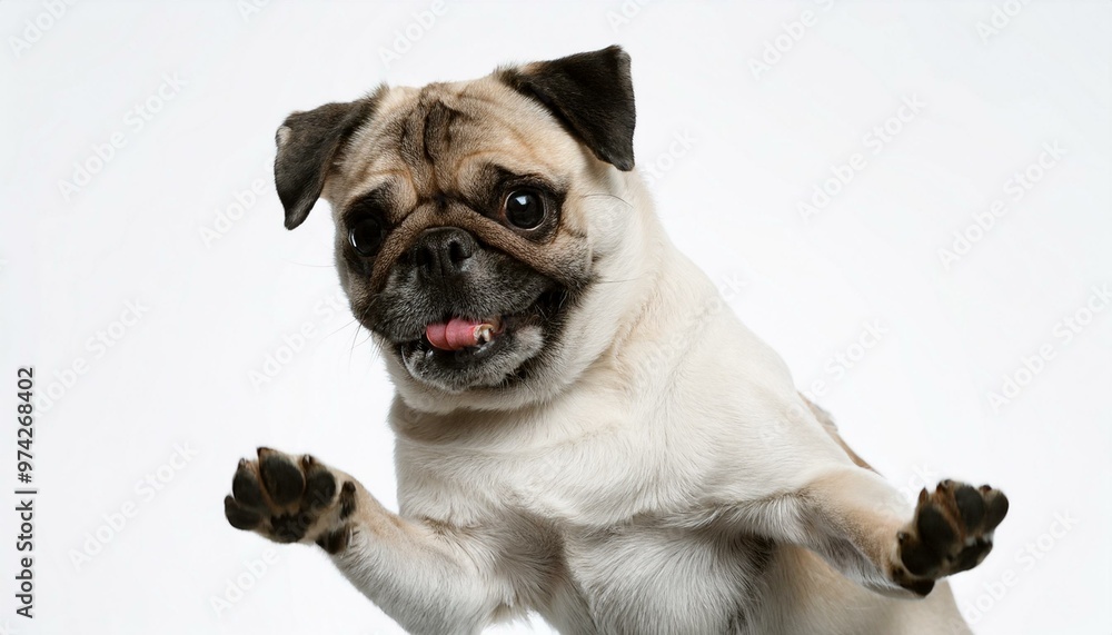 Young pug posing playful, happy and active on white background. Young pug posing playful, happy and active on white background.