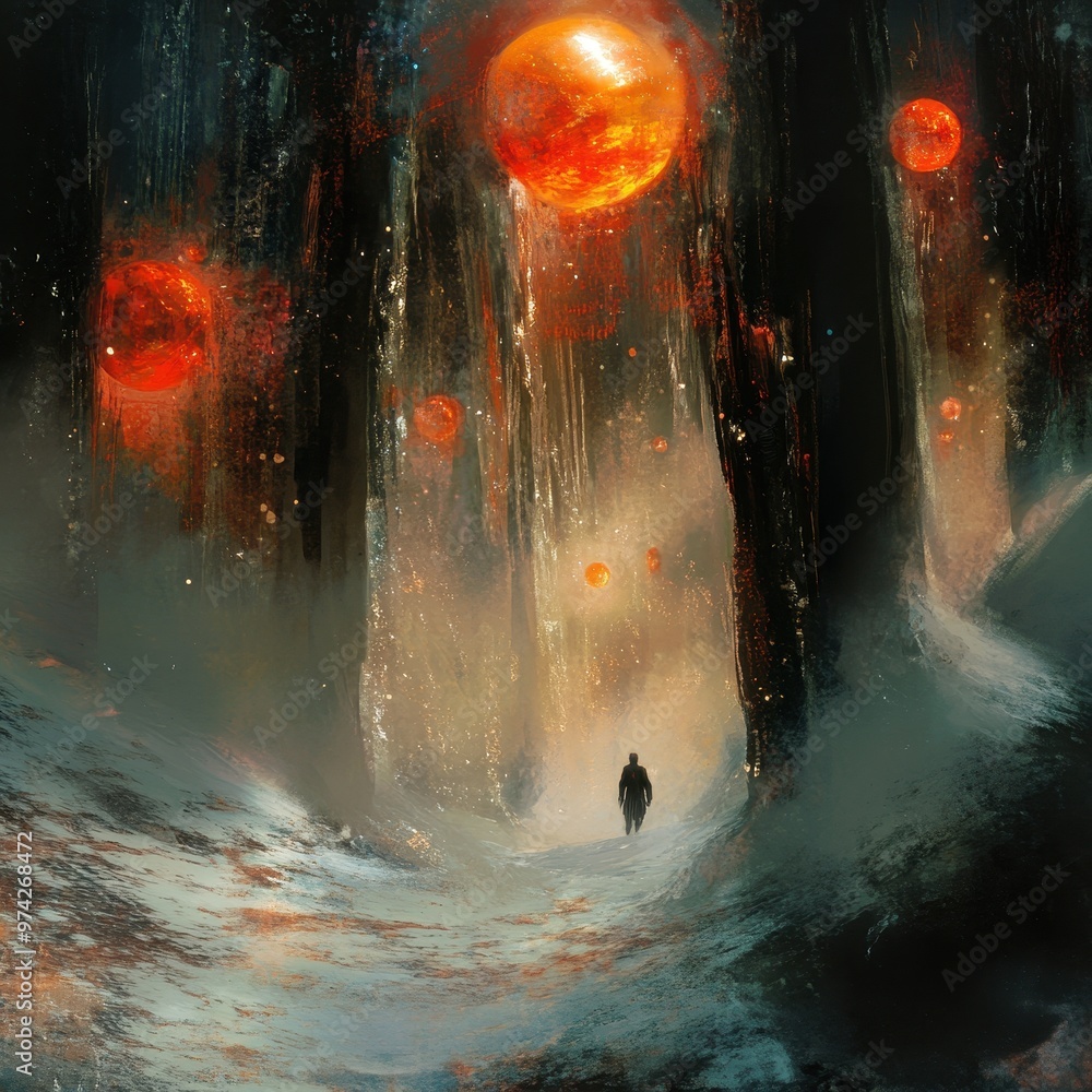 Fototapeta premium Surreal Landscape with Glowing Orbs and a Solitary Figure