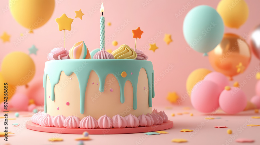 Adorable 3D render of a minimalist birthday cake with soft pastel icing, a single candle, and tiny 3D party decorations like confetti, stars, and balloons. Adorable 3D render of a minimalist birthday cake with soft pastel icing, a single candle, and tiny 3D party decorations like confetti, stars, and balloons.
