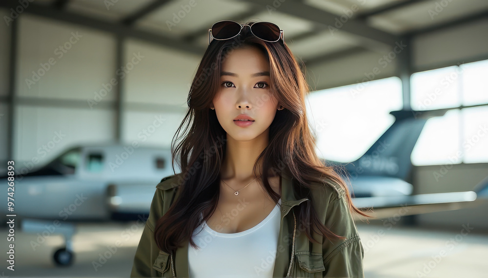 Woman Standing in Airplane Hangar Wearing Sunglasses Woman Standing in Airplane Hangar Wearing Sunglasses