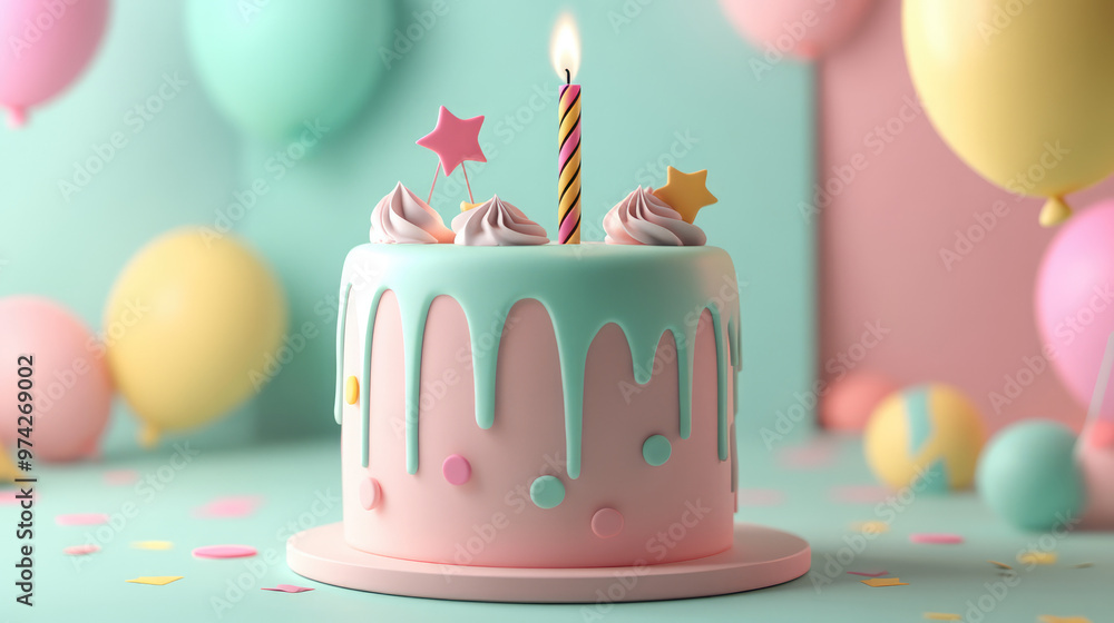 A minimalist 3D birthday cake with smooth icing and a single candle, surrounded by tiny pastel-colored decorations, creates a simple yet charming scene. A minimalist 3D birthday cake with smooth icing and a single candle, surrounded by tiny pastel-colored decorations, creates a simple yet charming scene.