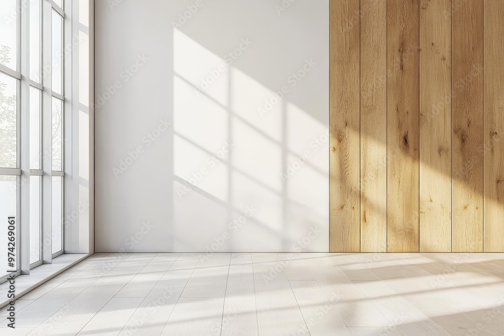 A bright and modern room featuring a wall with wooden and white panels, large windows allowing natural light to flood the space, creating a serene and welcoming atmosphere. A bright and modern room featuring a wall with wooden and white panels, large windows allowing natural light to flood the space, creating a serene and welcoming atmosphere.