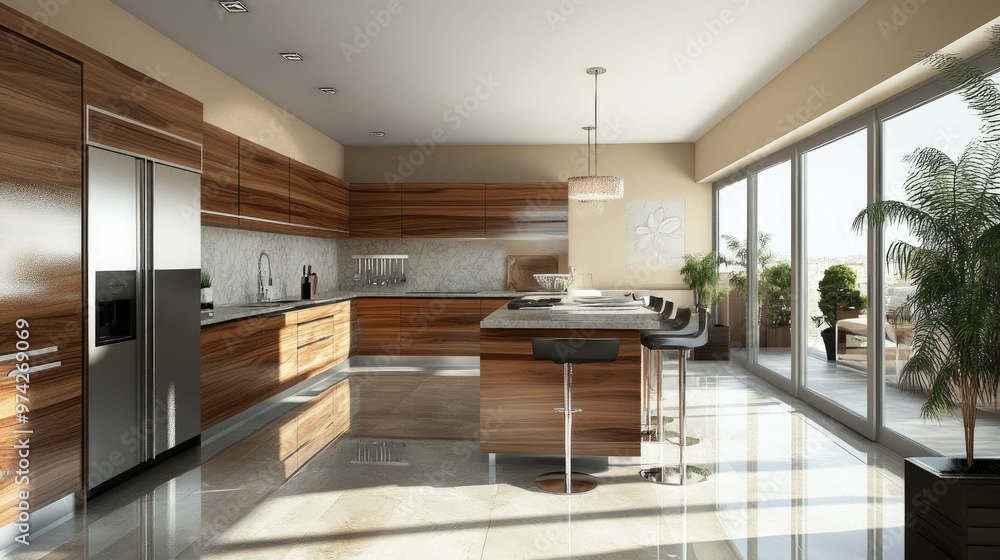 Fototapeta premium Modern kitchen with wooden cabinets, stainless steel appliances, and a large island with bar stools. There are sliding glass doors leading to a balcony with plants.