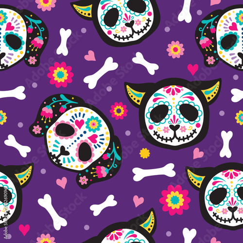 Cute cartoon dog and cat bright seamless pattern.  Skeleton cats, dog and flowers. Muertos pattern with skull. Floral skull face. Mexico day dead holiday