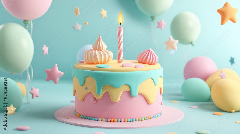 A minimalist birthday cake with smooth icing and a single candle, surrounded by delicate 3D-rendered pastel party details, offers a clean, festive look. A minimalist birthday cake with smooth icing and a single candle, surrounded by delicate 3D-rendered pastel party details, offers a clean, festive look.