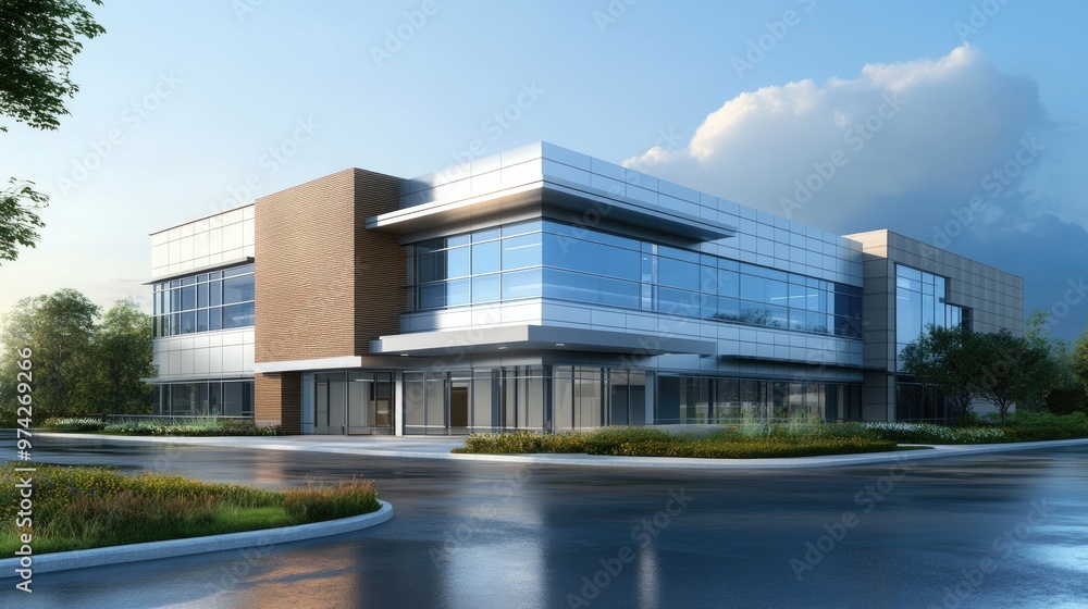 Obraz premium Modern office building with glass facade and landscaping.
