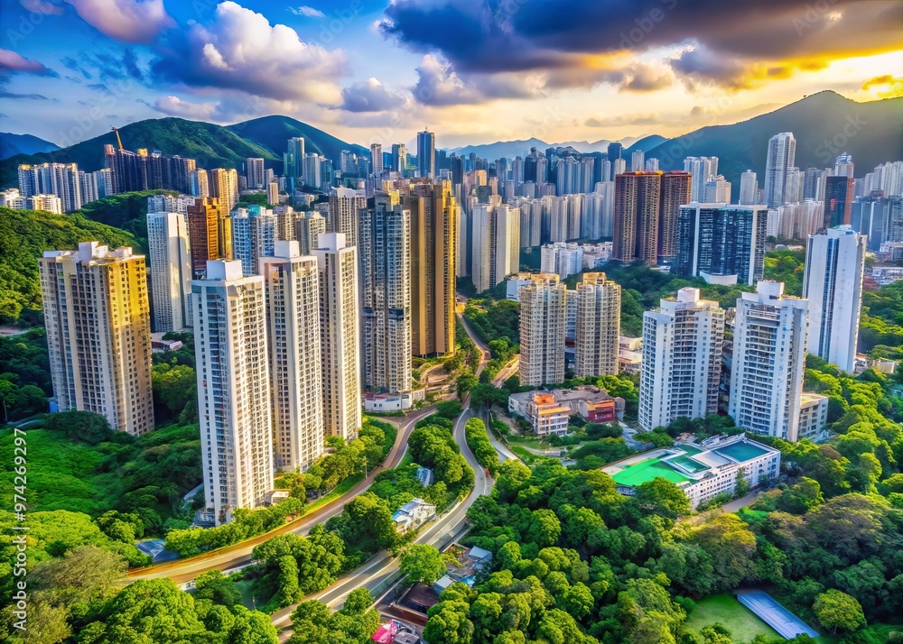 Obraz premium Vibrant cityscape of Kowloon Tong, Kowloon, Hong Kong, featuring modern skyscrapers, bustling streets, and lush