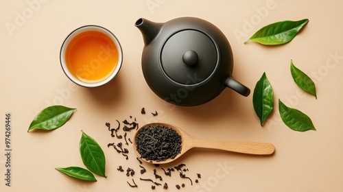 Overhead view of a black teapot, a cup of tea, loose tea leaves, and green tea leaves on a beige background.