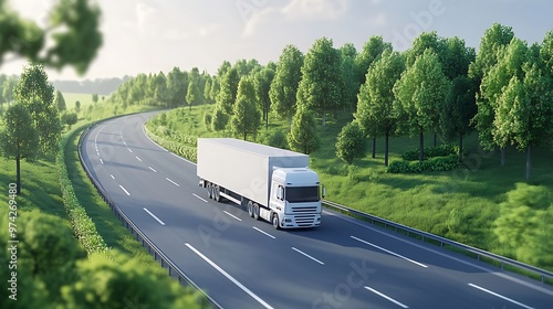 Semi Truck Driving on a Road Through Lush Green Trees