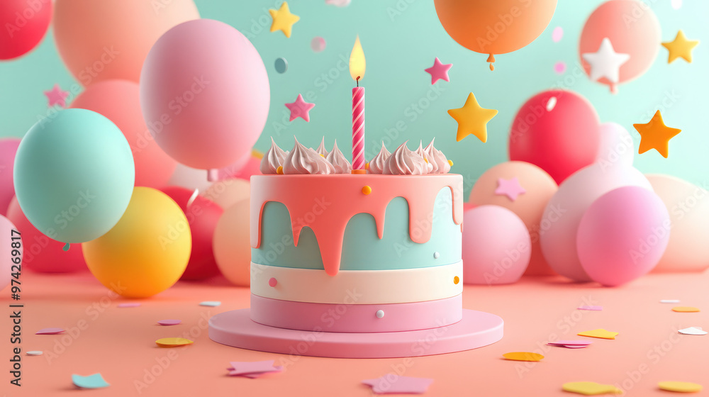 A sleek birthday cake with smooth icing, featuring one candle and tiny pastel decorations, creates an adorable and minimalist 3D render. A sleek birthday cake with smooth icing, featuring one candle and tiny pastel decorations, creates an adorable and minimalist 3D render.