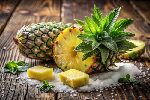 Vibrant close-up of a juicy, sliced pineapple, fresh mint leaves, and a sprinkle of sugar on a rustic photo