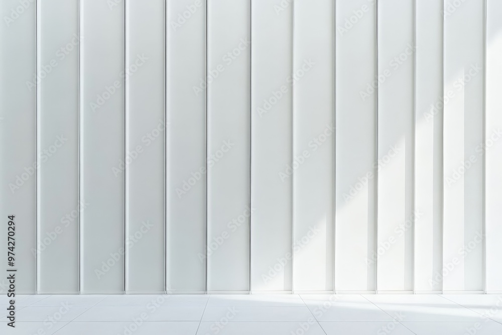 This image depicts a pristine white wall characterized by a series of vertical panels, providing a modern and minimalist aesthetic with sunlight casting shadows on the surface. This image depicts a pristine white wall characterized by a series of vertical panels, providing a modern and minimalist aesthetic with sunlight casting shadows on the surface.