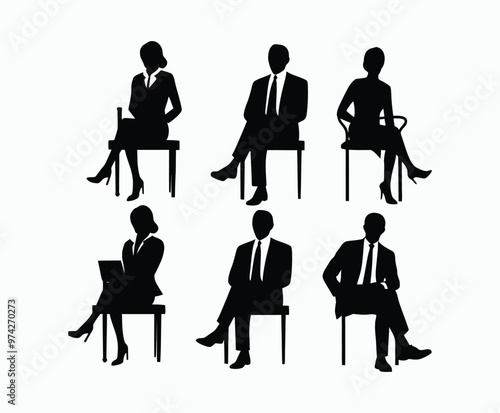 Business people sitting  men and women silhouette EPS vector art illustration template 