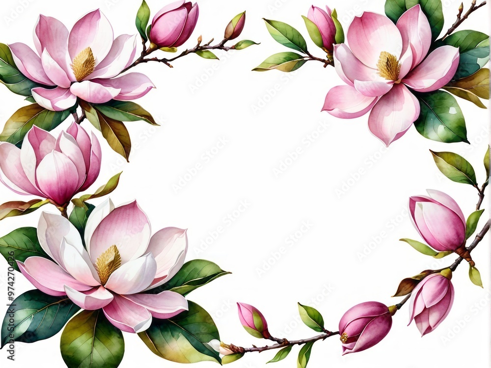 Naklejka premium Floral frame with pink magnolia flower and branch watercolor illustration on white background for wedding, Mothers day, Womans day card. Composition with place for text, copy space. Flat lay, top view