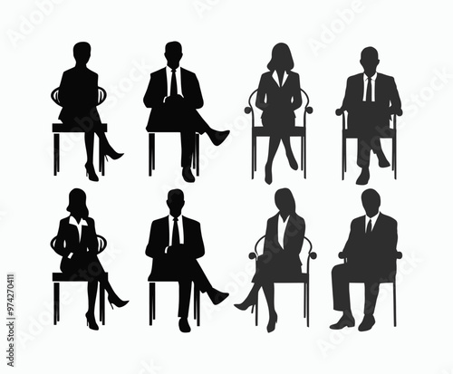 Business people sitting  men and women silhouette EPS vector art illustration template 