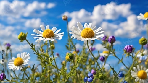 Beautiful field meadow flowers chamomile, blue wild peas in morning against blue sky with clouds, nature landscape, close-up macro. Wide format, copy space. Delightful pastoral airy artistic image 