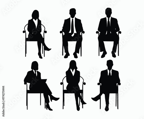 Business people sitting  men and women silhouette EPS vector art illustration template 