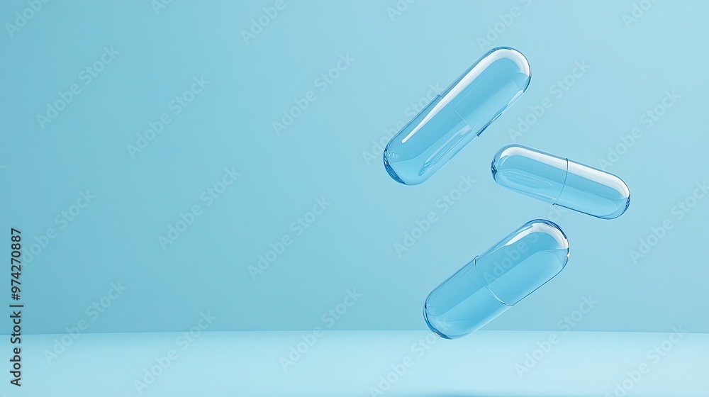 Three transparent capsules floating against a blue background. Three transparent capsules floating against a blue background.