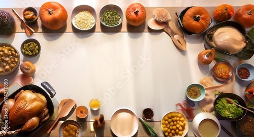 A kitchen scene showing a family preparing Thanksgiving dinner. Display various food items photo