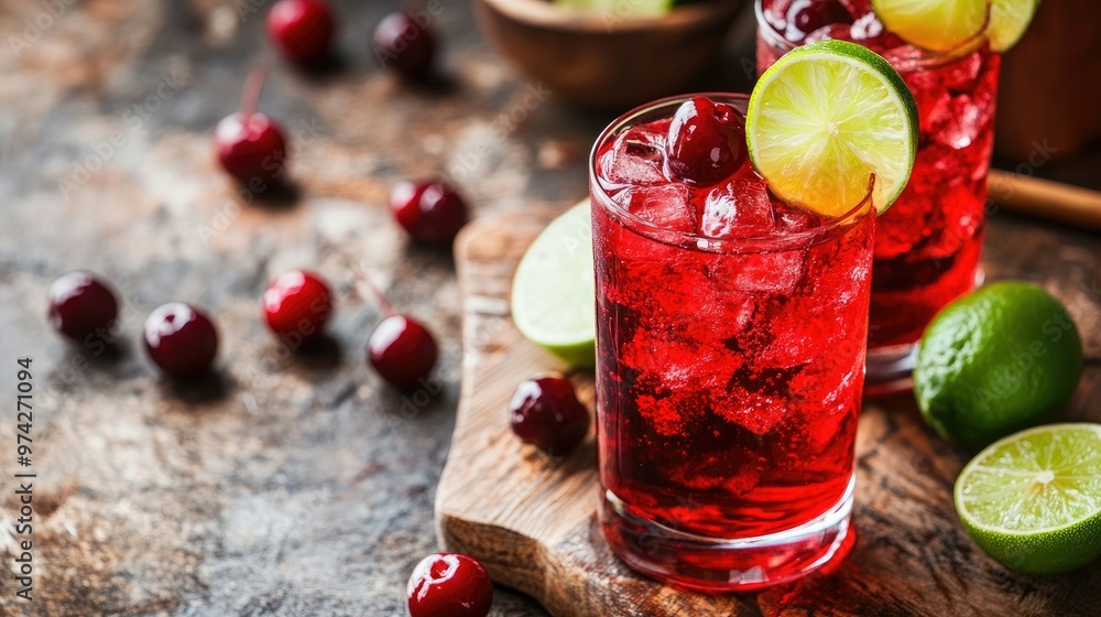 Two glasses of refreshing cherry limeade with ice on a wooden board, surrounded by cherries and limes. Two glasses of refreshing cherry limeade with ice on a wooden board, surrounded by cherries and limes.