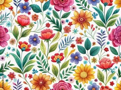 Wallpaper Mural Vibrant-colored flowers, leaves, and branches form a stunning repeating pattern on a white background, creating a Torontodigital.ca
