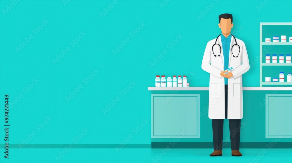 Doctor in White Coat with Stethoscope and Medicine Bottles in Pharmacy Doctor in White Coat with Stethoscope and Medicine Bottles in Pharmacy
