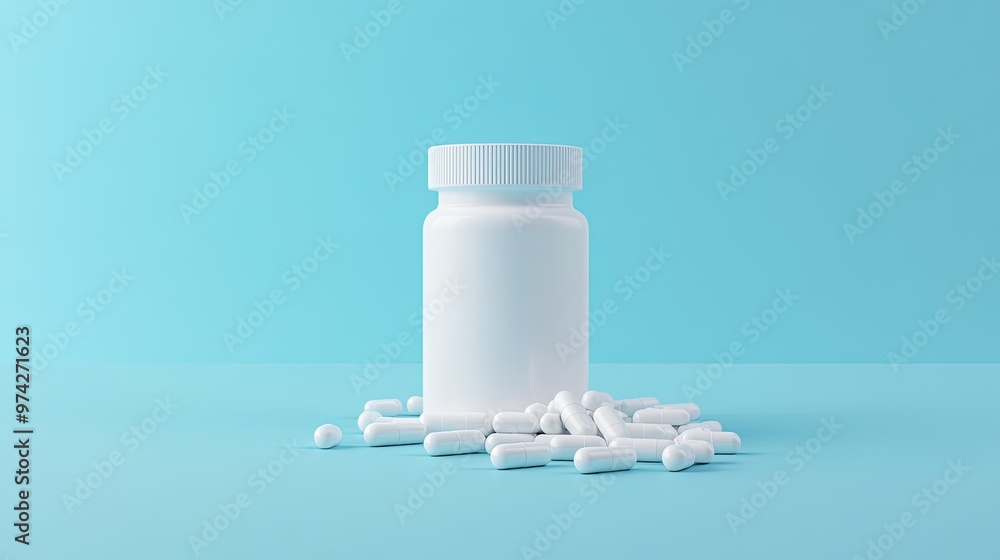 White pill bottle with white capsules scattered on a blue background. White pill bottle with white capsules scattered on a blue background.