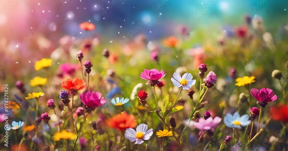 Beautiful multicolored spring meadow background with wild flowers and bokeh lights Beautiful multicolored spring meadow background with wild flowers and bokeh lights