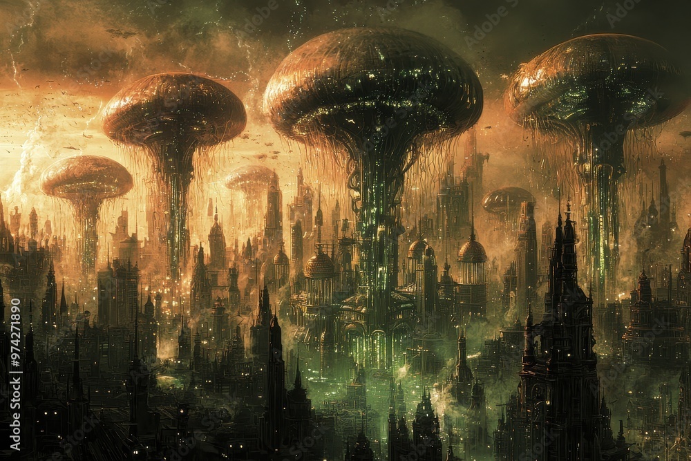 Obraz premium Surreal fantasy landscape with towering mushroom like structures and glowing city in the distance