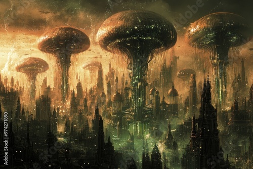 Surreal fantasy landscape with towering mushroom like structures and glowing city in the distance