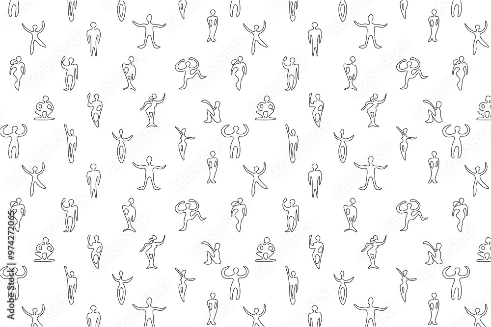 Seamless pattern. Stylized human figures. Black outline on white background. Flyer background design, advertising background, fabric, clothes, texture, textile pattern. Seamless pattern. Stylized human figures. Black outline on white background. Flyer background design, advertising background, fabric, clothes, texture, textile pattern.