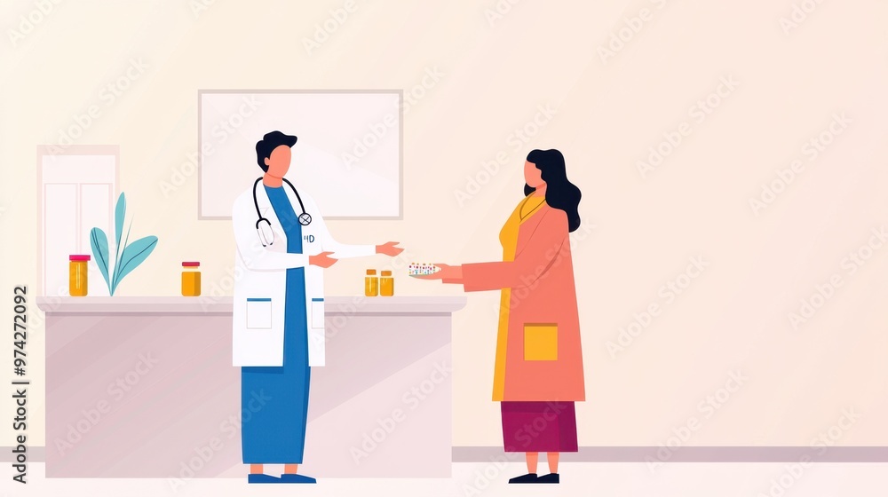 Doctor Giving Medicine to Patient at Clinic Counter Doctor Giving Medicine to Patient at Clinic Counter