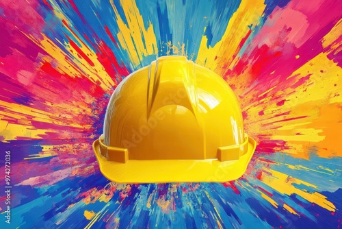 Labor day festivities artwork showcasing a bright safety helmet against a colorful explosion background. Marketing content for labor day celebrations and activities photo