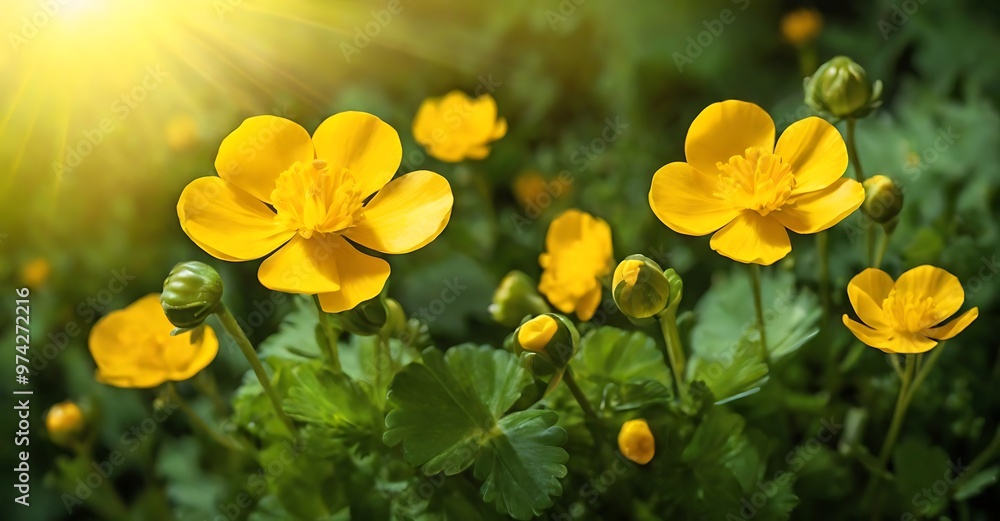 Beautiful nature background with wild yellow buttercup flower and sun rays Beautiful nature background with wild yellow buttercup flower and sun rays