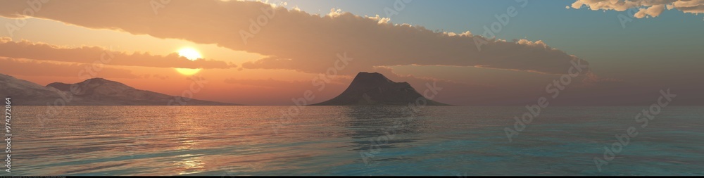 Obraz premium Panorama of sea sunset, ocean sunrise, seascape, 3d rendering 