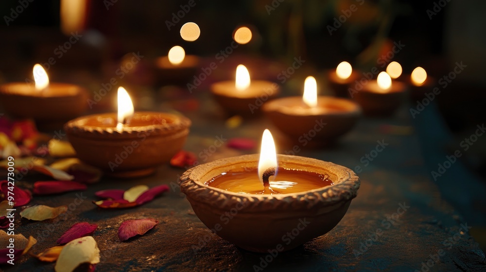Obraz premium Clay Diya lamps Happy Diwali, festive atmosphere, place for text