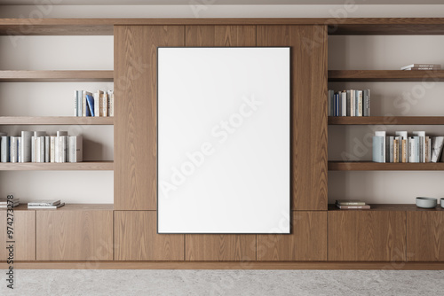 Wooden home living room interior with shelf and art decoration, mockup frame